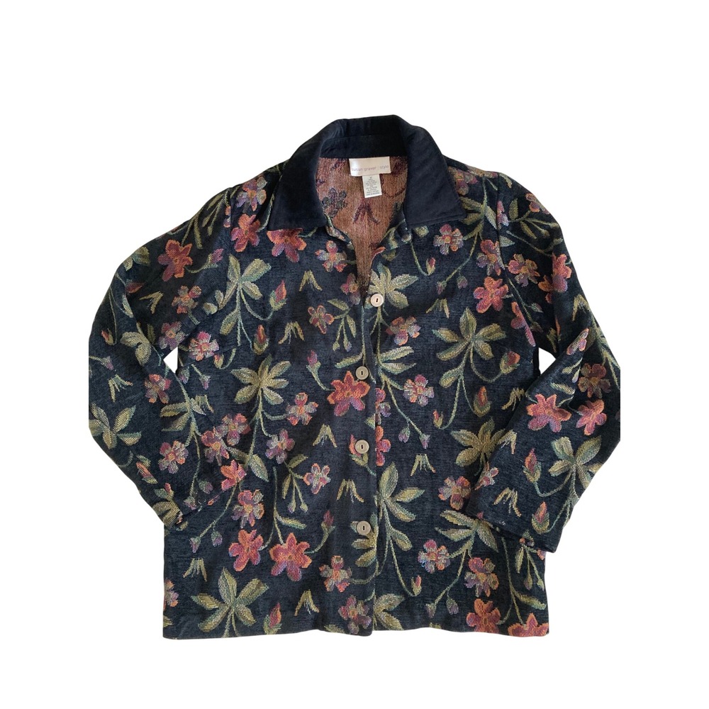 Susan Graver Style Floral Tapestry Jacket Black Multi Button Front Size M